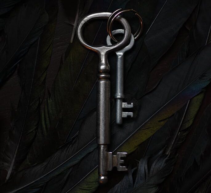 Vintage keys resting on a feathered surface, showcasing antique elegance.